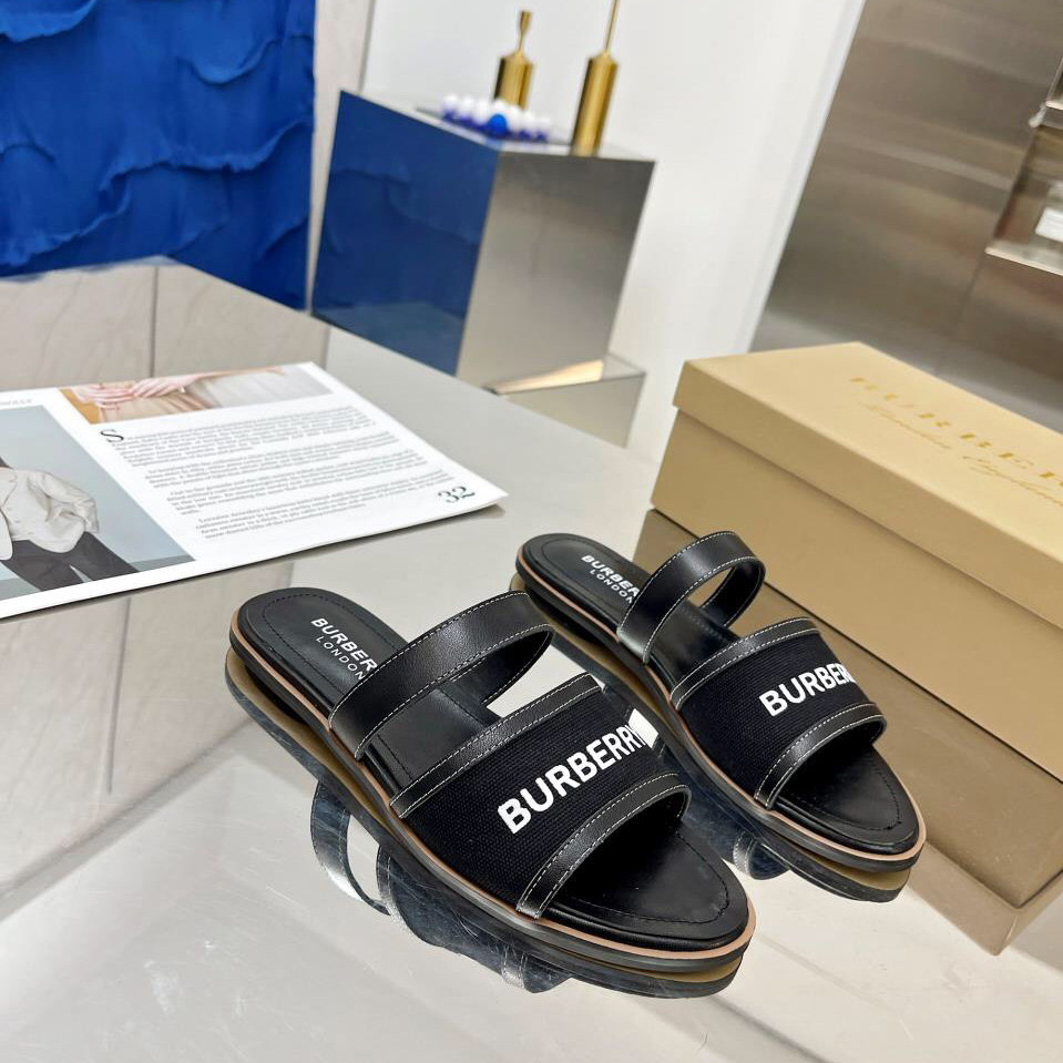 Burberry Women's Black Logo-appliquéd Leather And Cotton-canvas Slides - PerfectKickZ