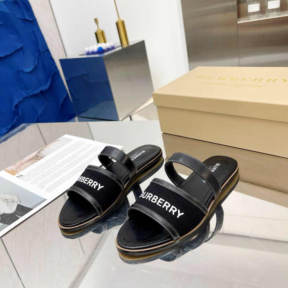 Burberry Women's Black Logo-appliquéd Leather And Cotton-canvas Slides - PerfectKickZ