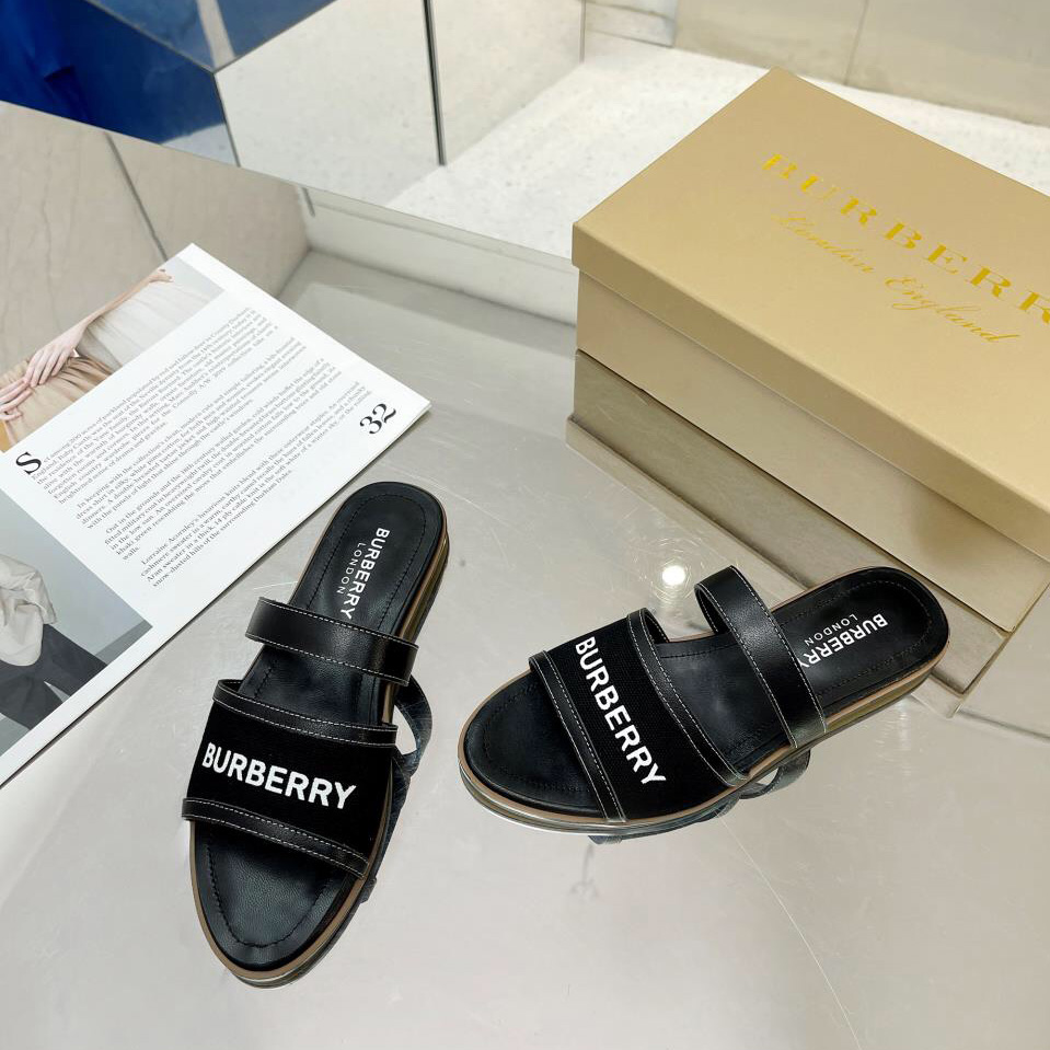 Burberry Women's Black Logo-appliquéd Leather And Cotton-canvas Slides - PerfectKickZ