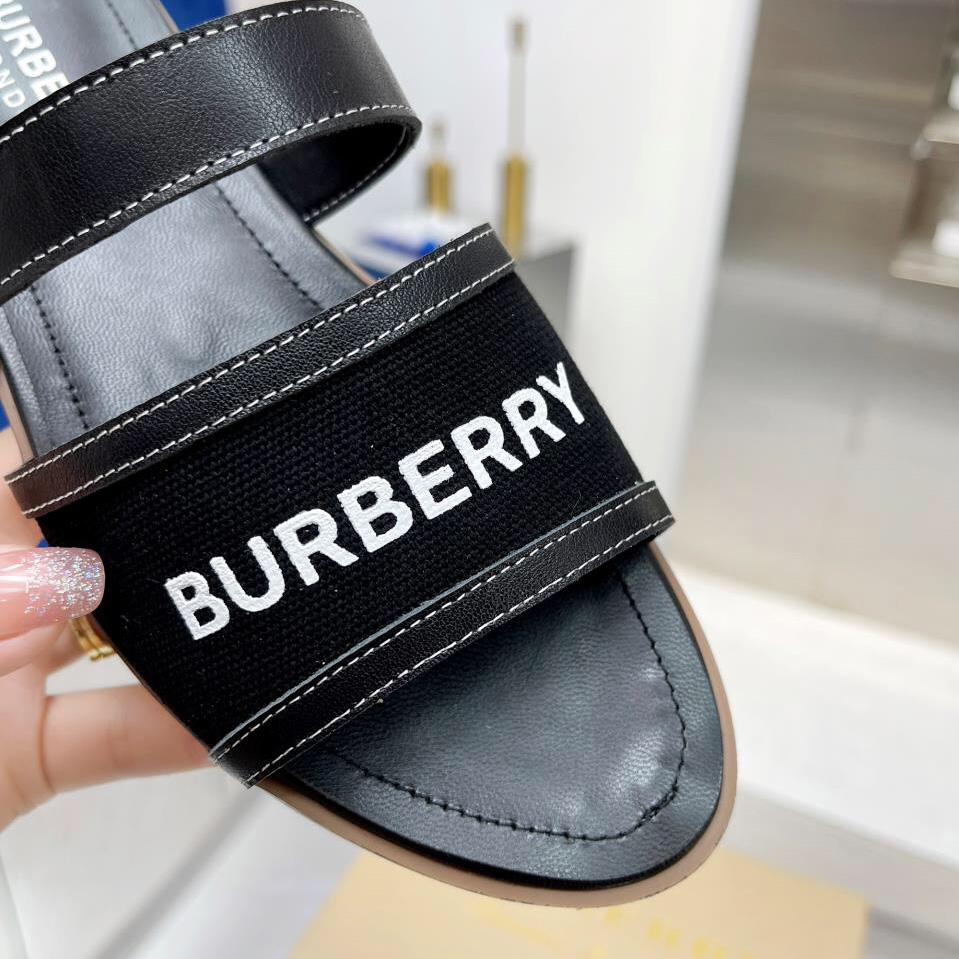Burberry Women's Black Logo-appliquéd Leather And Cotton-canvas Slides - PerfectKickZ
