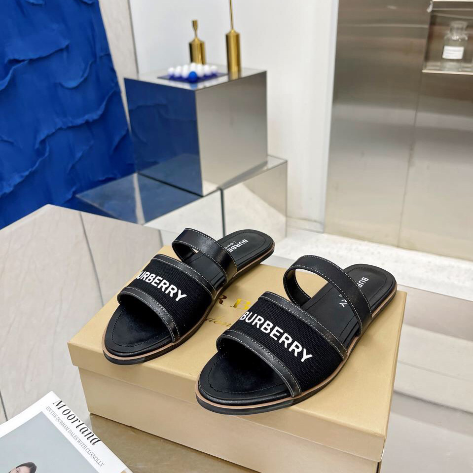 Burberry Women's Black Logo-appliquéd Leather And Cotton-canvas Slides - PerfectKickZ