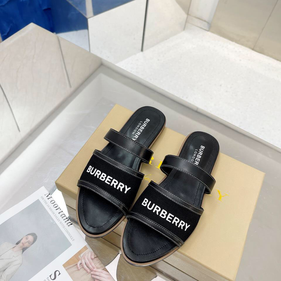 Burberry Women's Black Logo-appliquéd Leather And Cotton-canvas Slides - PerfectKickZ