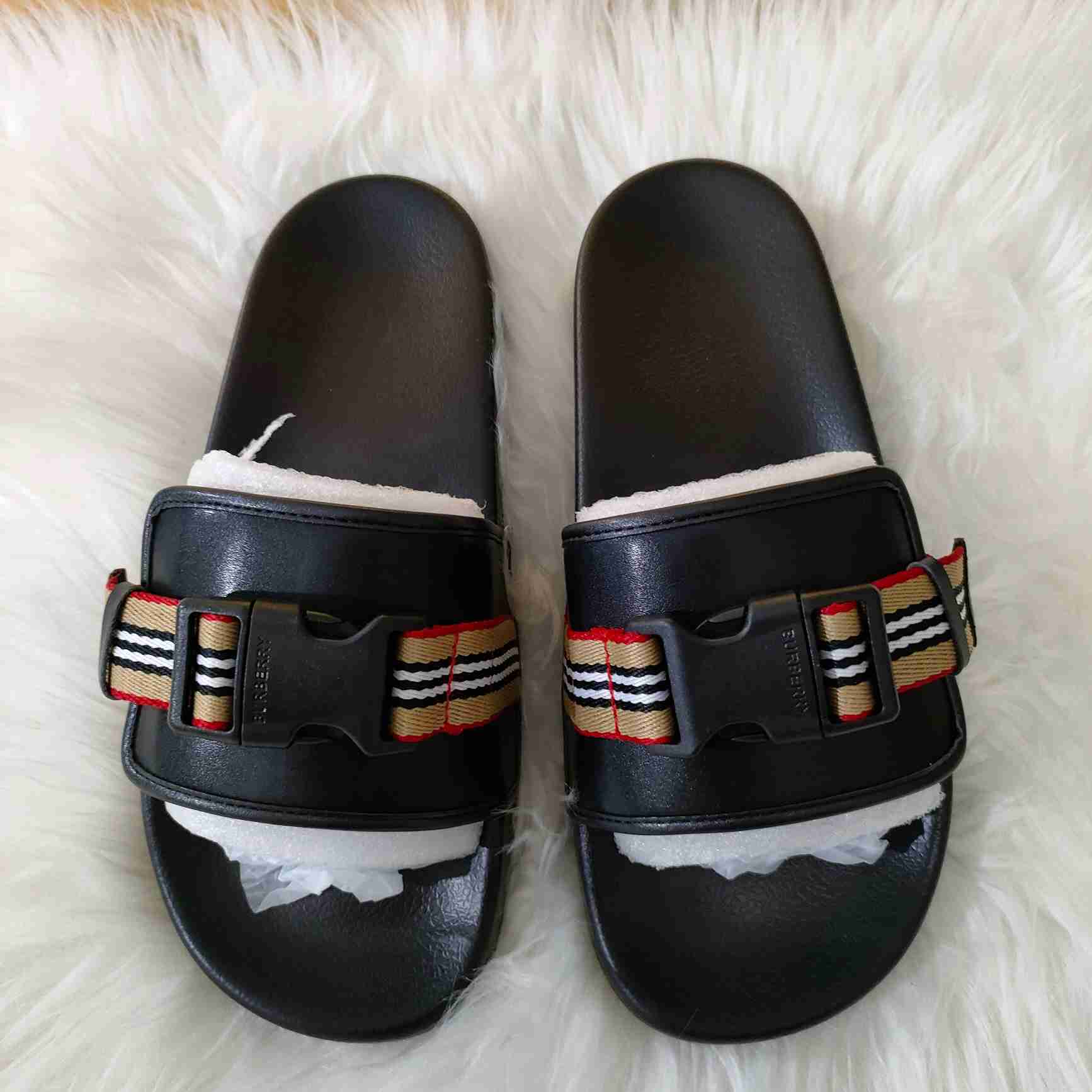 Burberry Icon Stripe Buckled Slides - PerfectKickZ