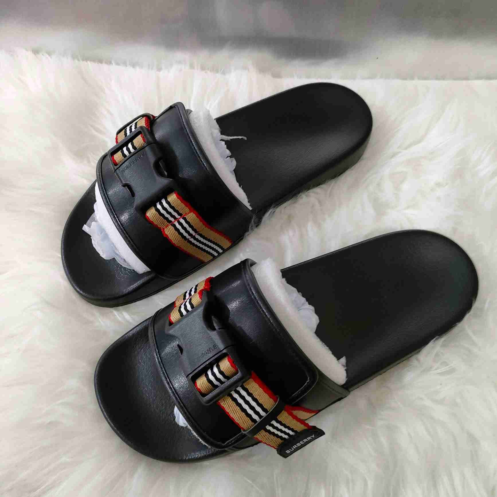 Burberry Icon Stripe Buckled Slides - 