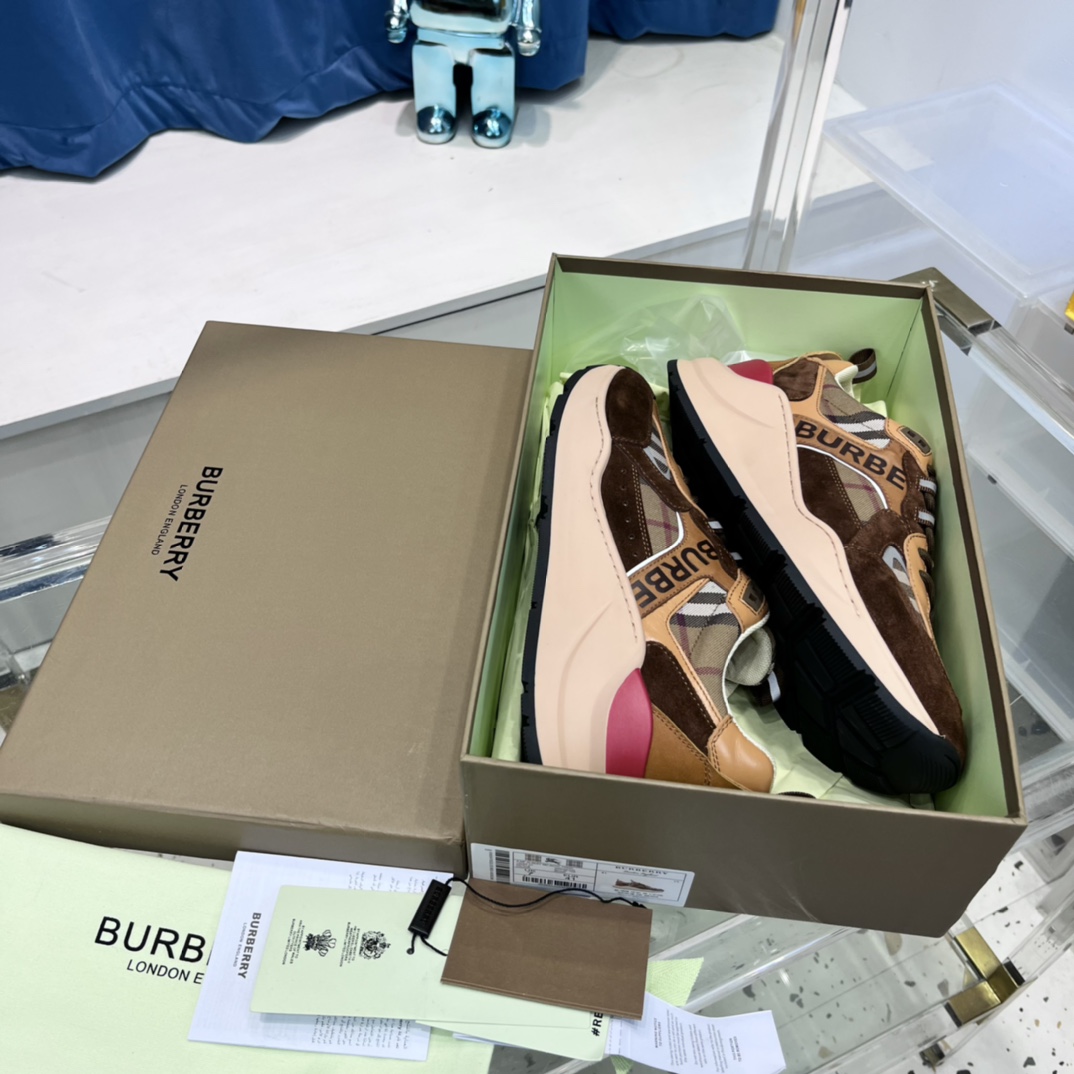 Burberry Logo Print Check And Suede Sneakers - PerfectKickZ