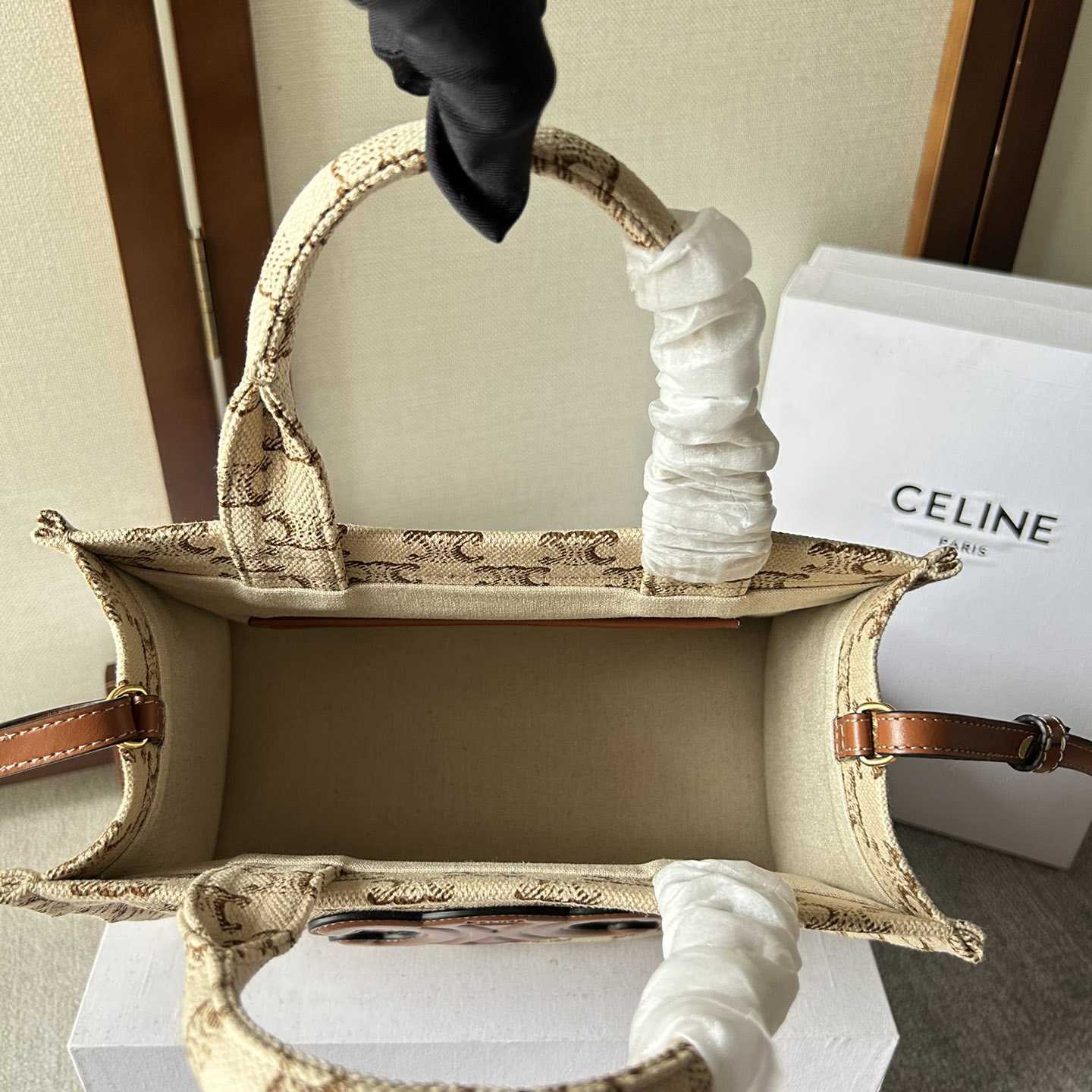 Celine Small Cabas Thais  In Textile With Triomphe Canvas Print And Calfskin White - 