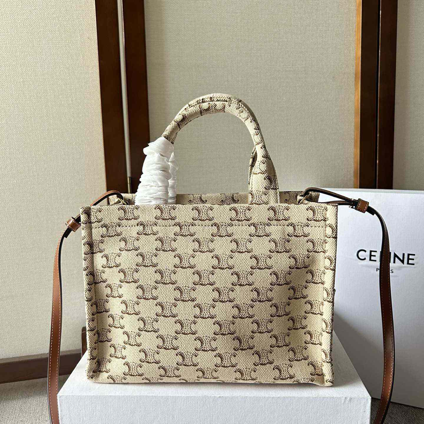 Celine Small Cabas Thais  In Textile With Triomphe Canvas Print And Calfskin White - 