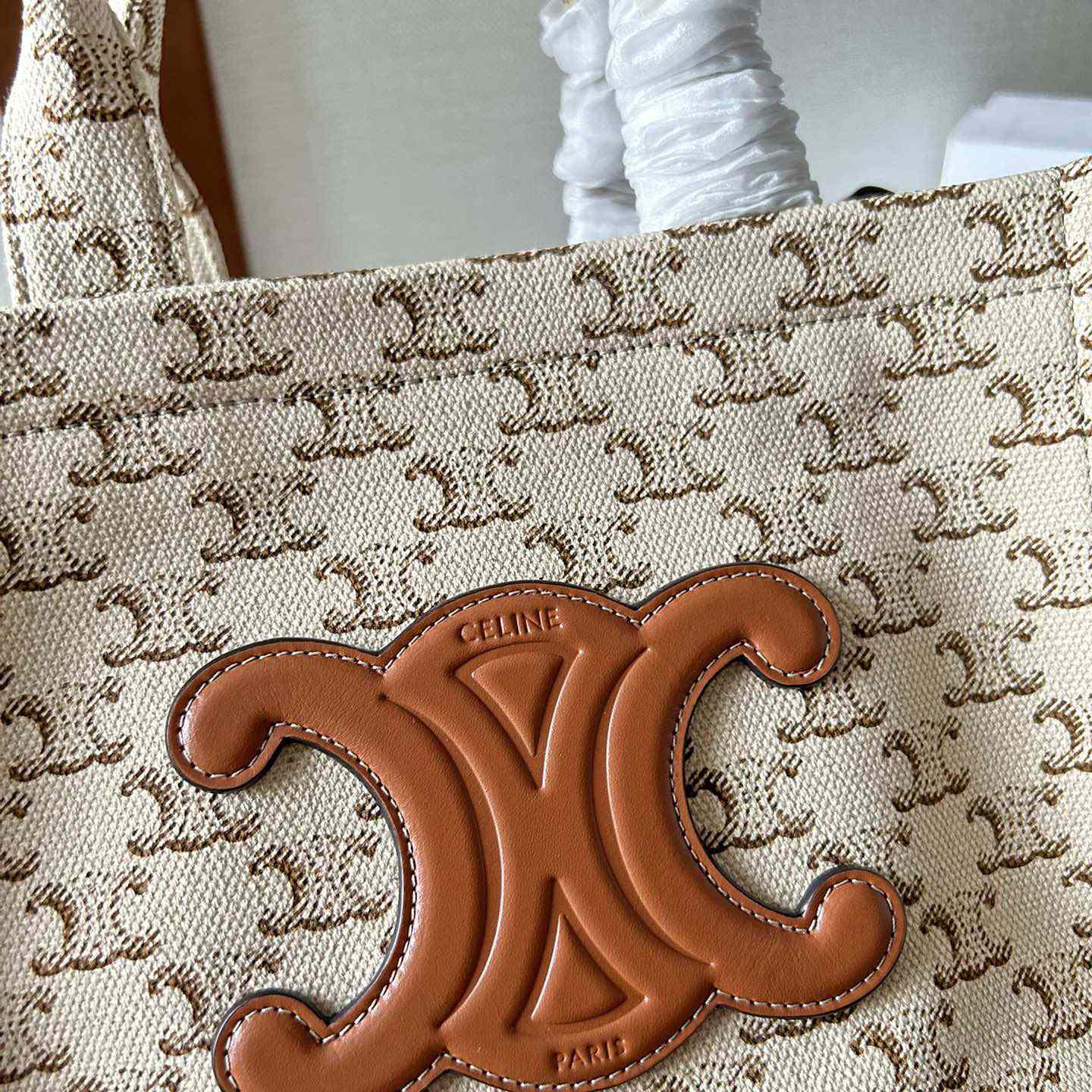 Celine Small Cabas Thais  In Textile With Triomphe Canvas Print And Calfskin White - 