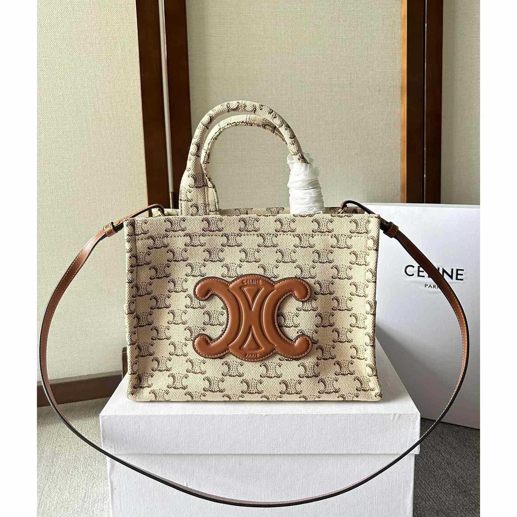 Celine Small Cabas Thais  In Textile With Triomphe Canvas Print And Calfskin White - PerfectKickZ
