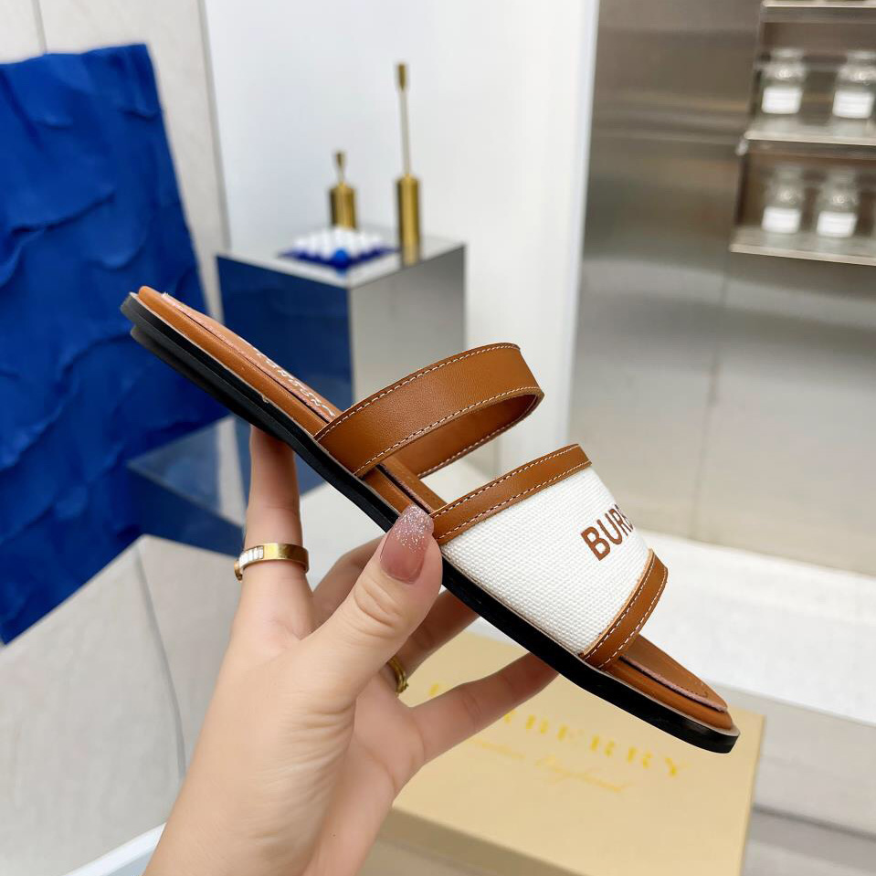 Burberry Women's Brown Logo-appliquéd Leather And Cotton-canvas Slides - PerfectKickZ