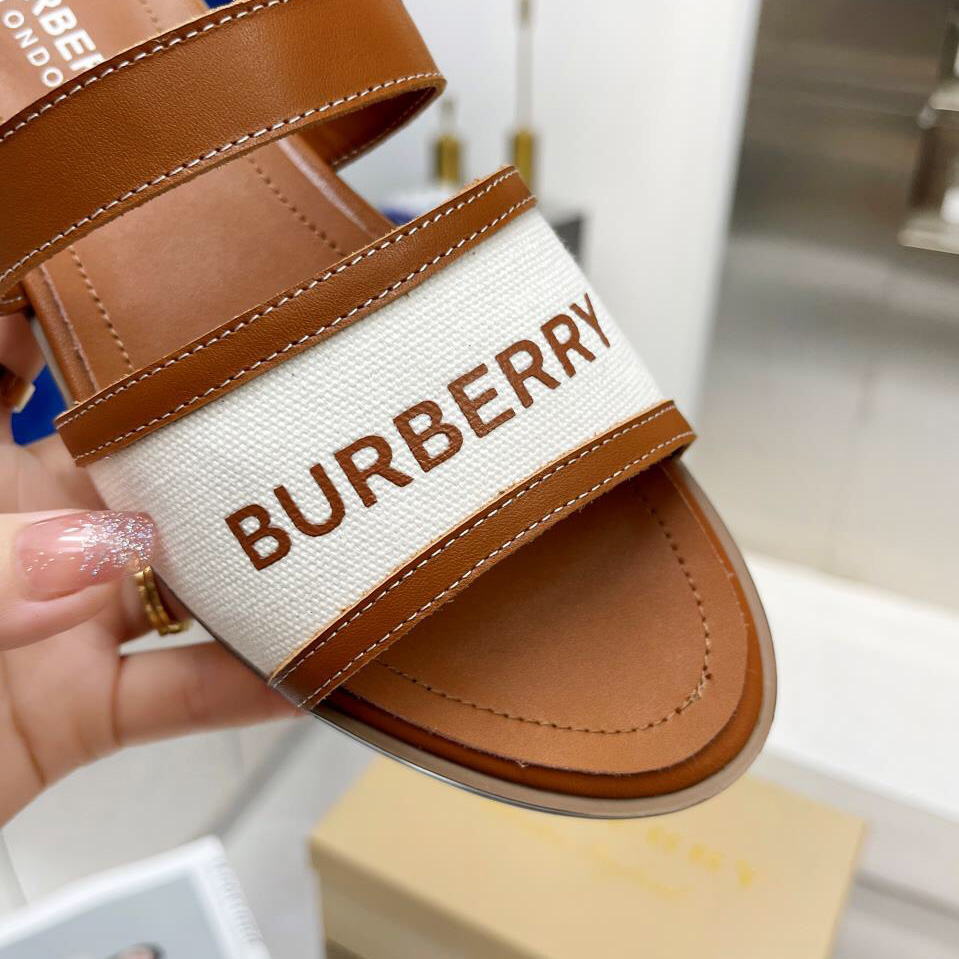 Burberry Women's Brown Logo-appliquéd Leather And Cotton-canvas Slides - PerfectKickZ