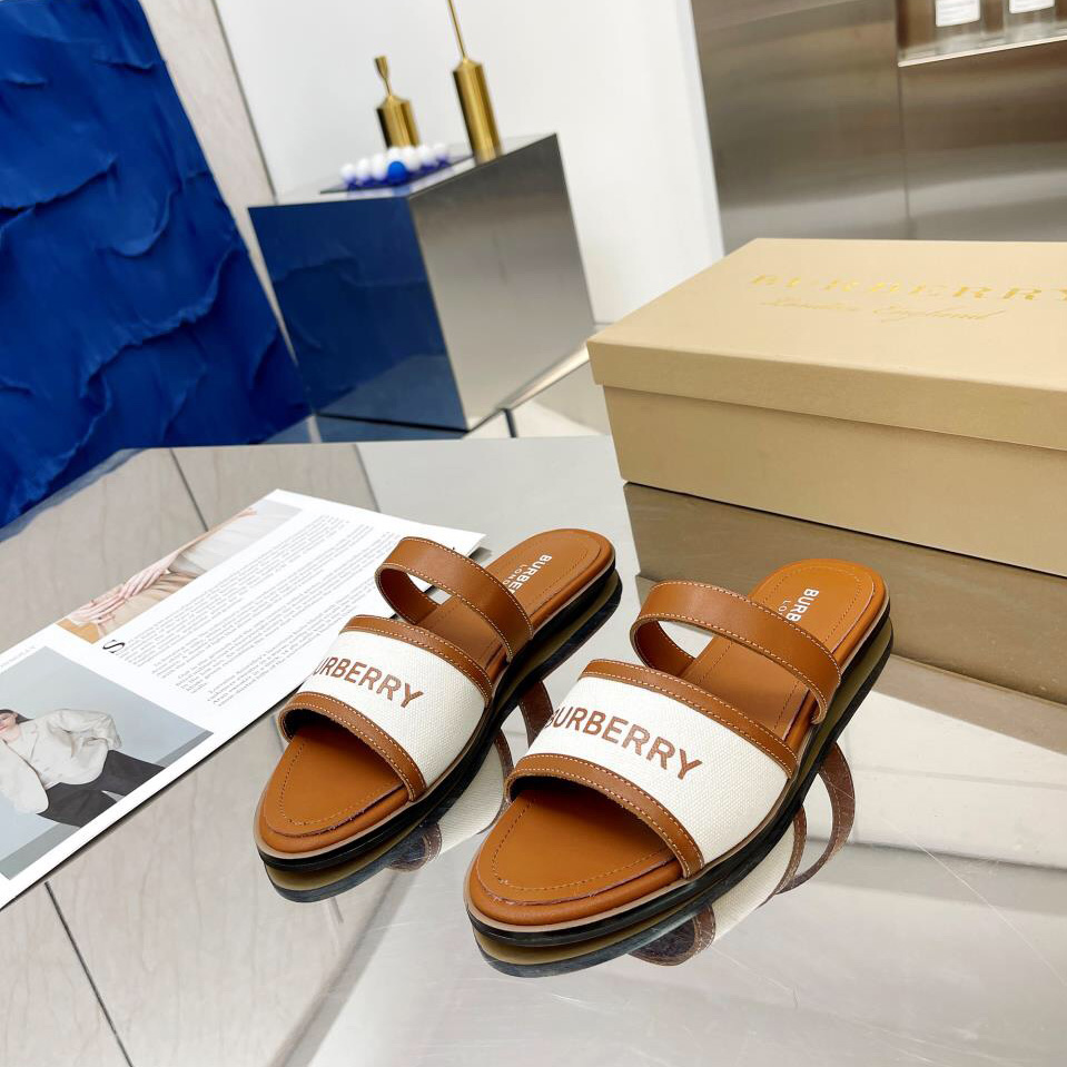 Burberry Women's Brown Logo-appliquéd Leather And Cotton-canvas Slides - PerfectKickZ