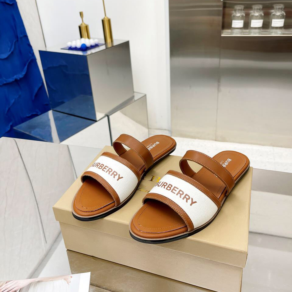 Burberry Women's Brown Logo-appliquéd Leather And Cotton-canvas Slides - PerfectKickZ