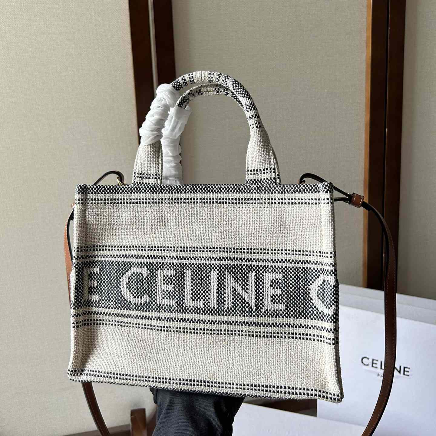 Celine Small Cabas Thais In Striped Textile With Celine jacquard White / Black  - PerfectKickZ