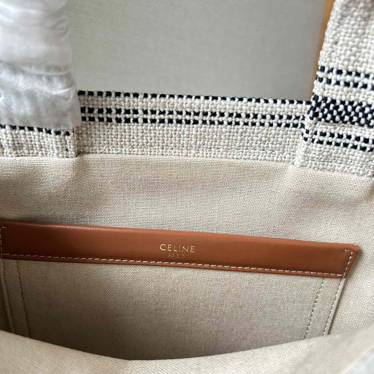 Celine Small Cabas Thais In Striped Textile With Celine jacquard White / Black  - PerfectKickZ