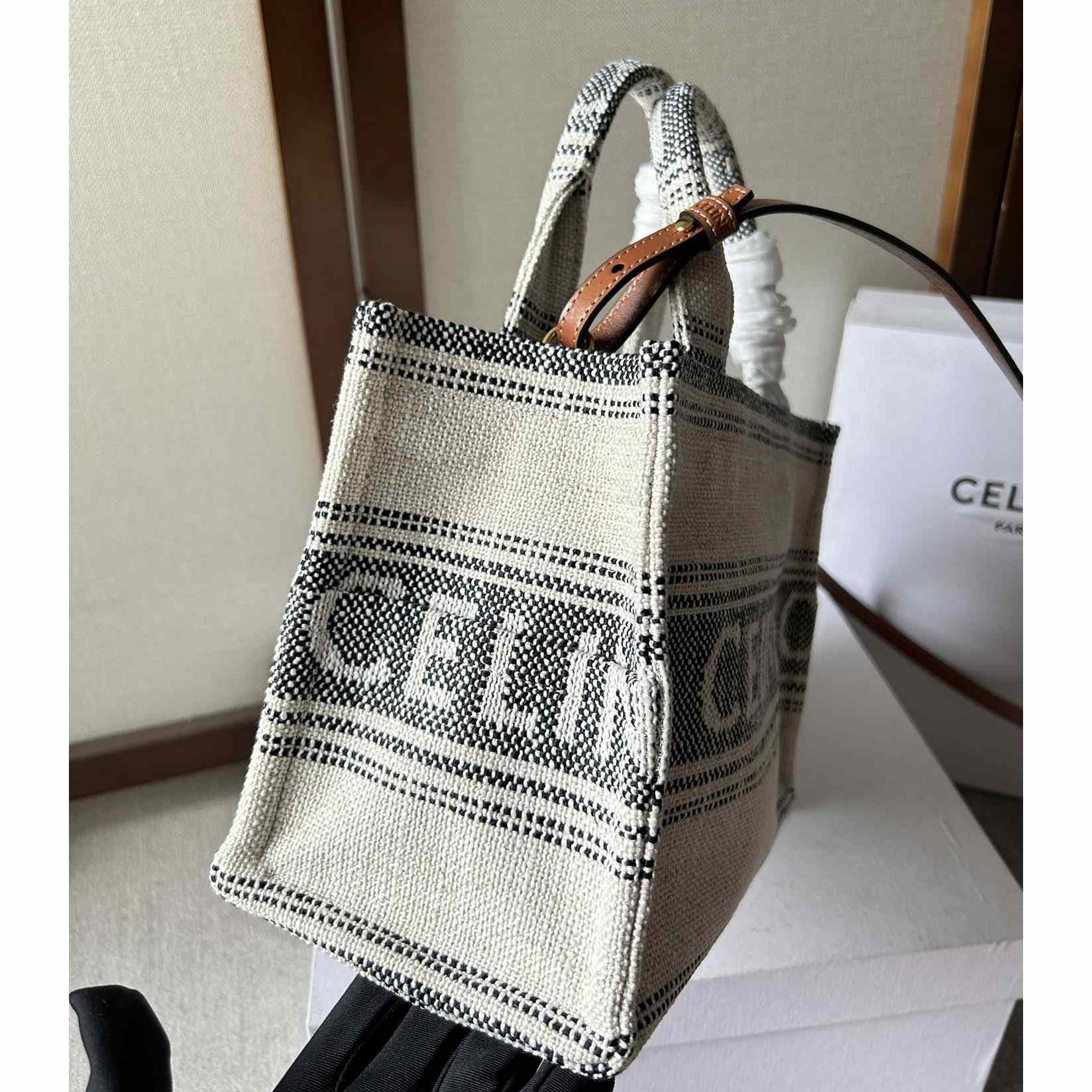 Celine Small Cabas Thais In Striped Textile With Celine jacquard White / Black  - PerfectKickZ