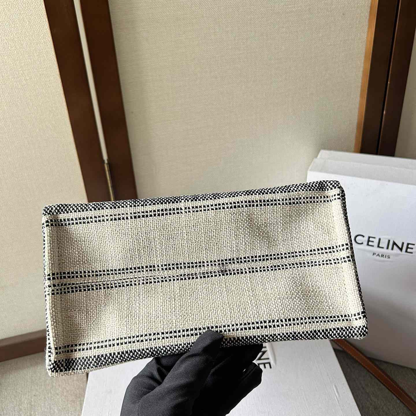 Celine Small Cabas Thais In Striped Textile With Celine jacquard White / Black  - PerfectKickZ