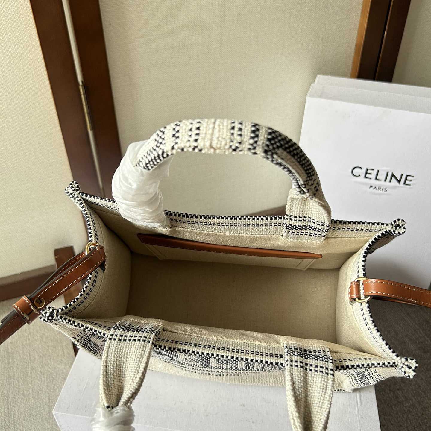 Celine Small Cabas Thais In Striped Textile With Celine jacquard White / Black  - PerfectKickZ