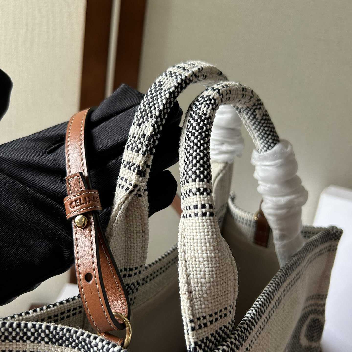 Celine Small Cabas Thais In Striped Textile With Celine jacquard White / Black  - PerfectKickZ