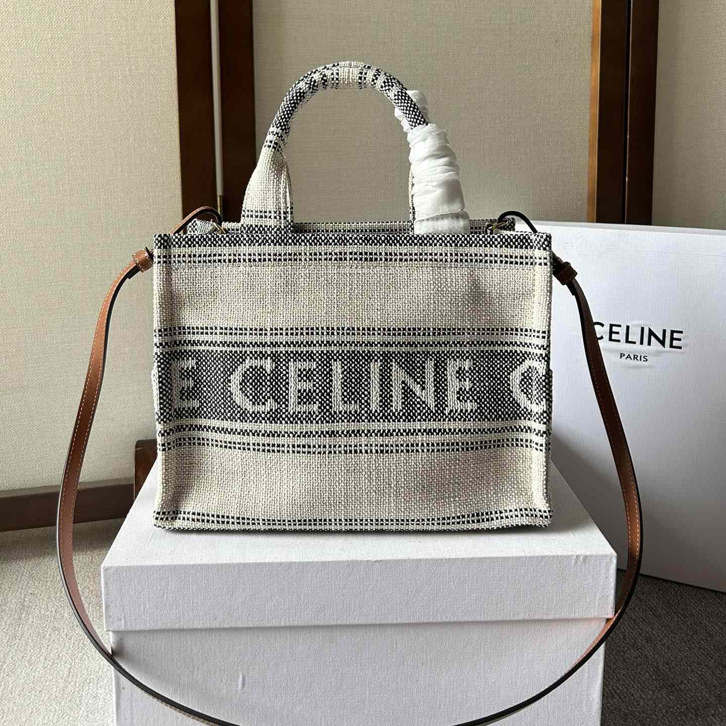 Celine Small Cabas Thais In Striped Textile With Celine jacquard White / Black  - PerfectKickZ
