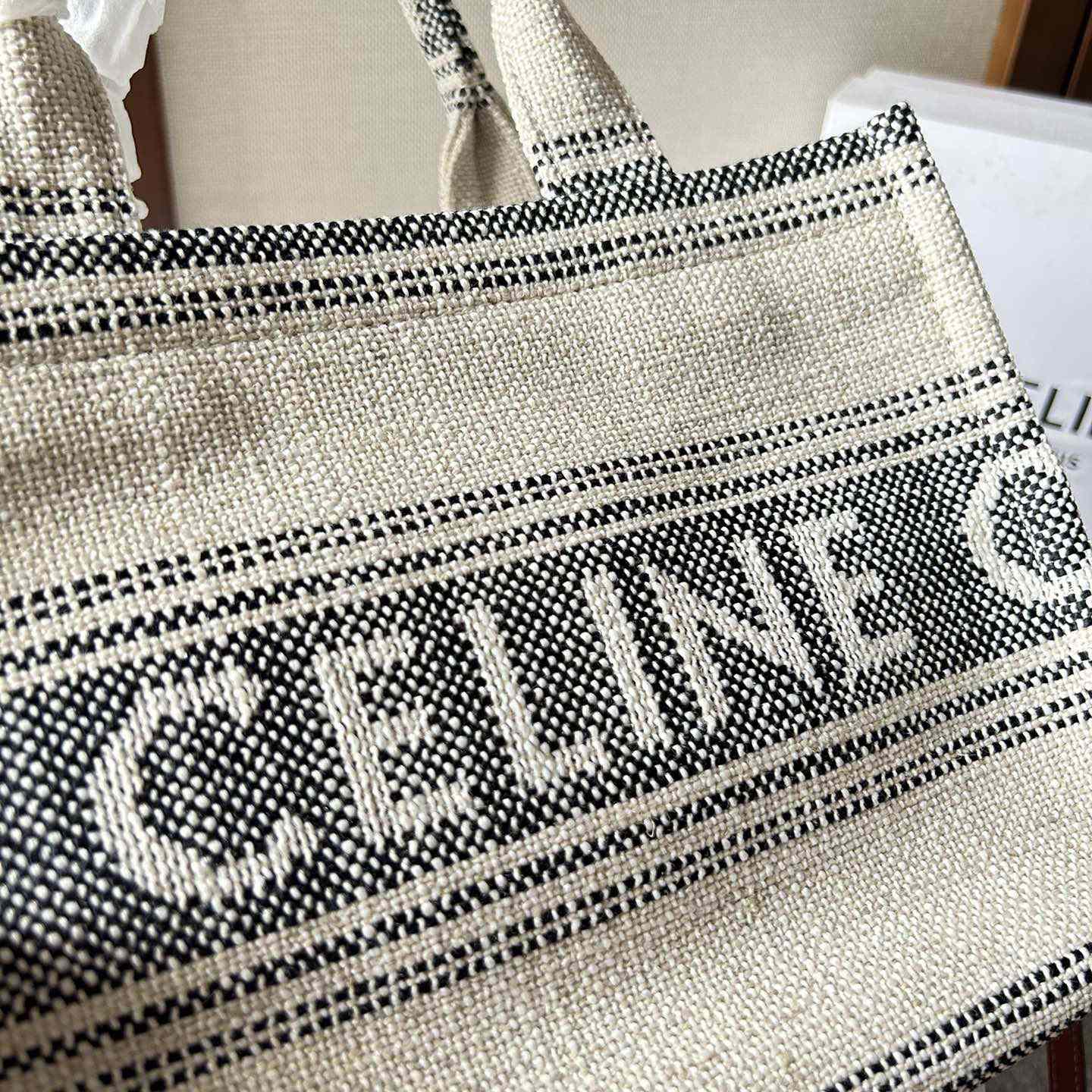 Celine Small Cabas Thais In Striped Textile With Celine jacquard White / Black  - PerfectKickZ