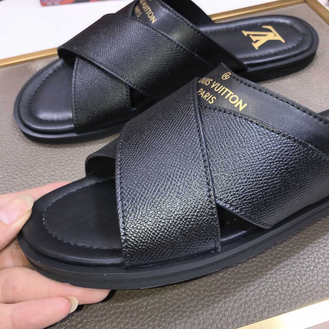 Louis Vuitton Black Leather Foch Cross Strap Flat Slides - PerfectKickZ
