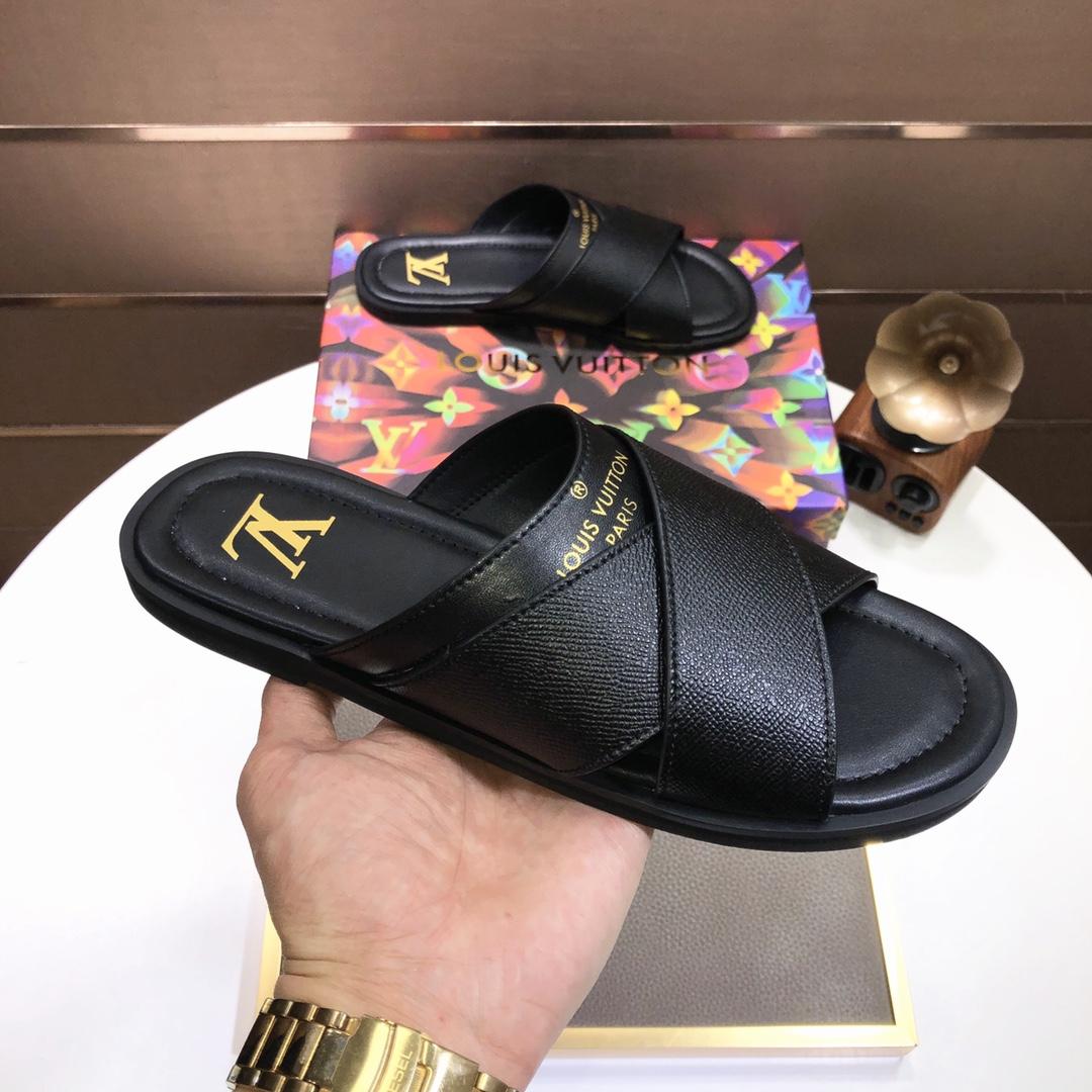 Louis Vuitton Black Leather Foch Cross Strap Flat Slides - PerfectKickZ