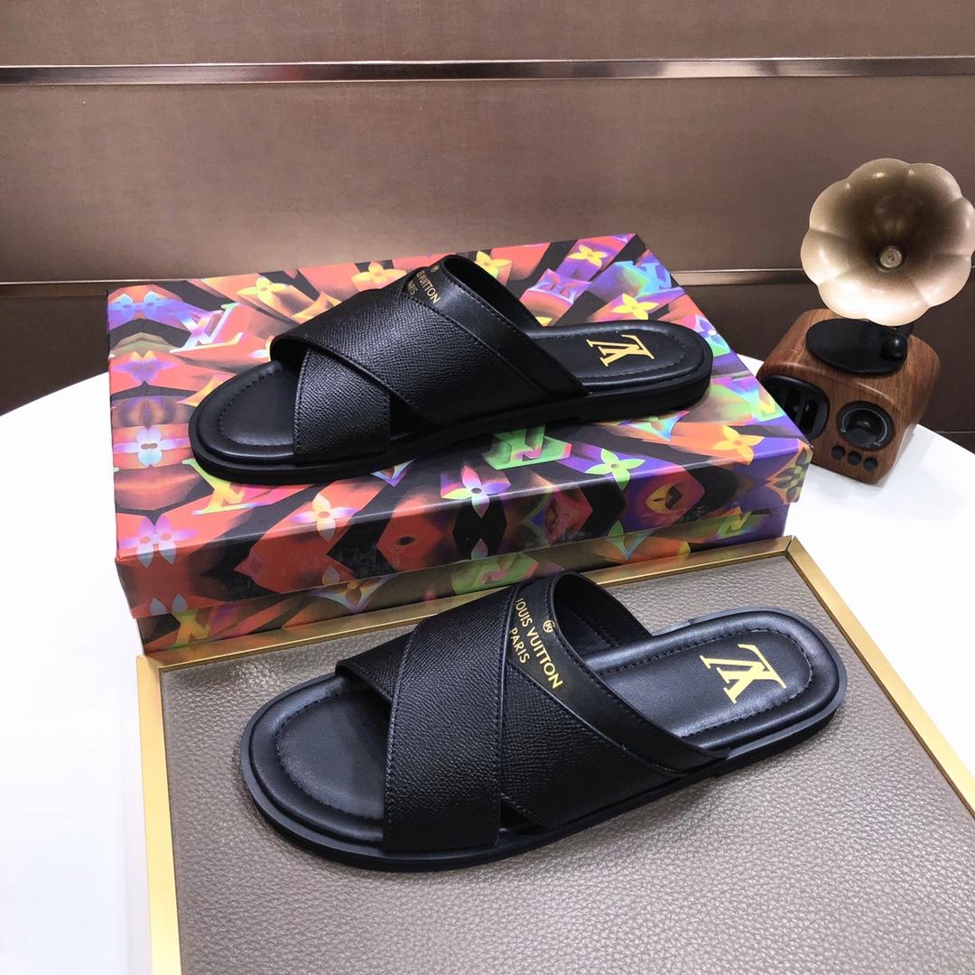Louis Vuitton Black Leather Foch Cross Strap Flat Slides - PerfectKickZ