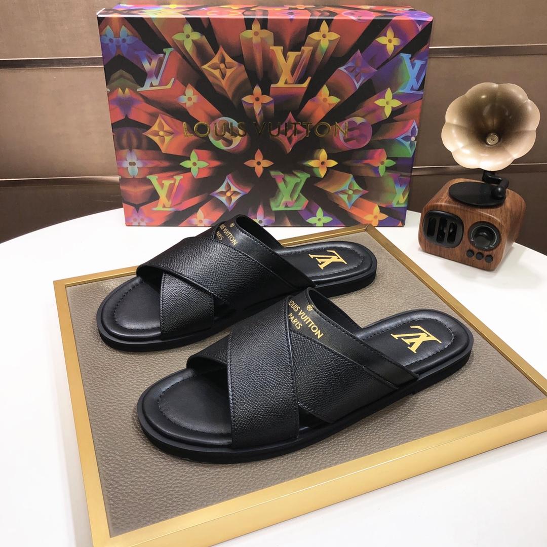 Louis Vuitton Black Leather Foch Cross Strap Flat Slides - PerfectKickZ