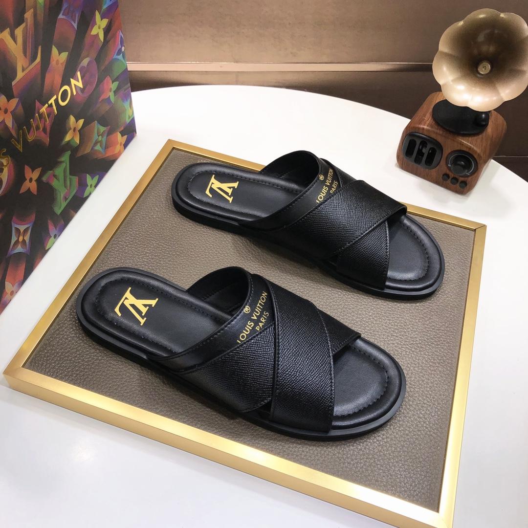 Louis Vuitton Black Leather Foch Cross Strap Flat Slides - PerfectKickZ