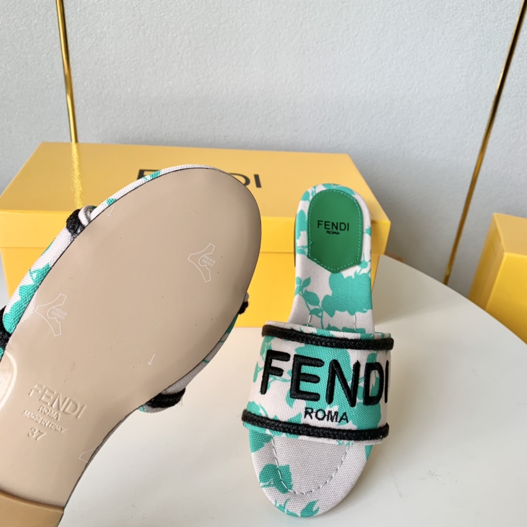 Fendi Signature Green Canvas Slides - 