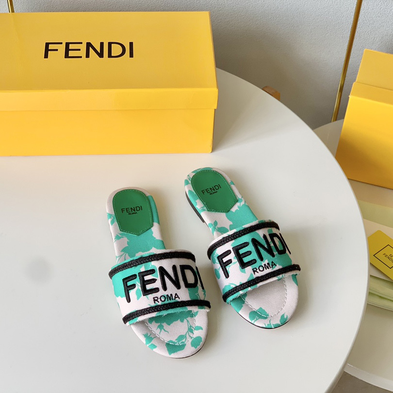 Fendi Signature Green Canvas Slides - 