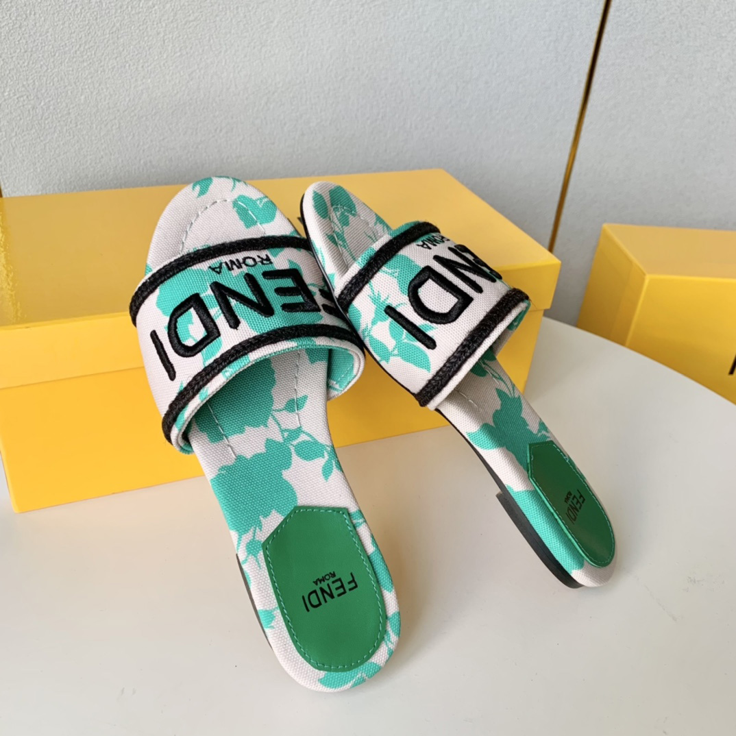 Fendi Signature Green Canvas Slides - 