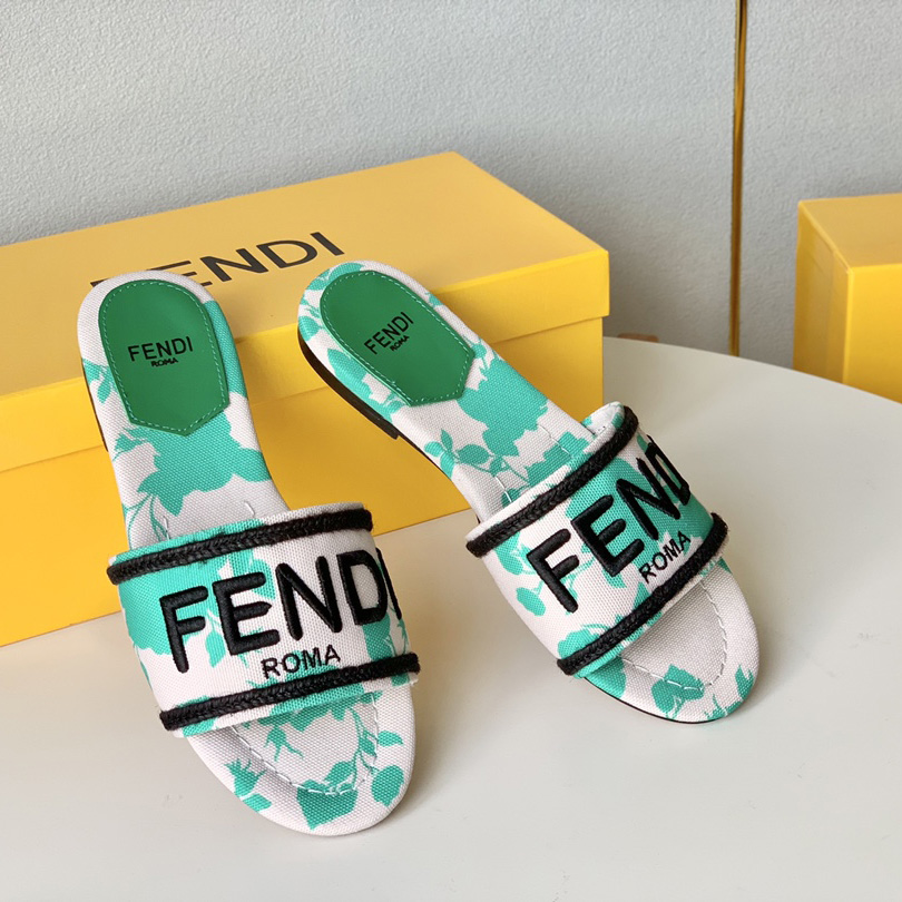 Fendi Signature Green Canvas Slides - 