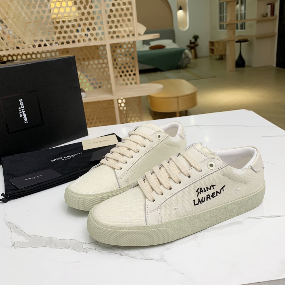 Saint Laurent Court Classic Sl/06 Sneakers Embroidered With Saint Laurent,In White Worn-look Fabric And Leather - PerfectKickZ