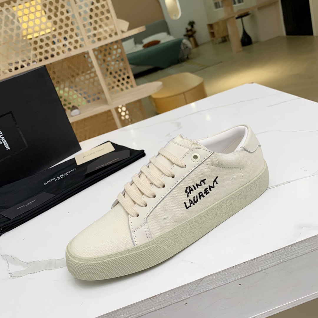 Saint Laurent Court Classic Sl/06 Sneakers Embroidered With Saint Laurent,In White Worn-look Fabric And Leather - PerfectKickZ