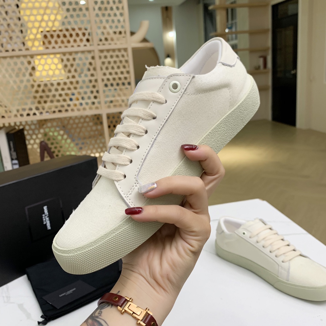 Saint Laurent Court Classic Sl/06 Sneakers Embroidered With Saint Laurent,In White Worn-look Fabric And Leather - PerfectKickZ