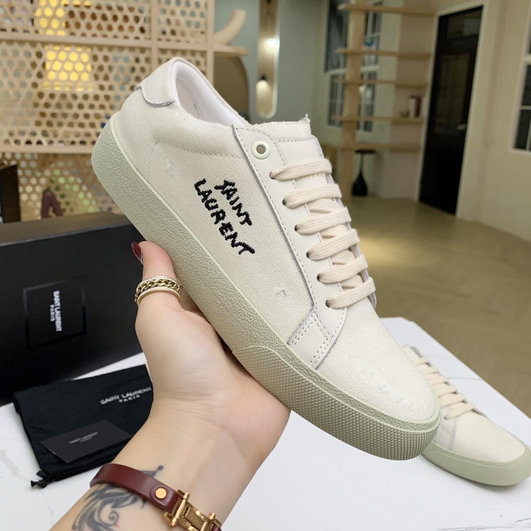 Saint Laurent Court Classic Sl/06 Sneakers Embroidered With Saint Laurent,In White Worn-look Fabric And Leather - PerfectKickZ