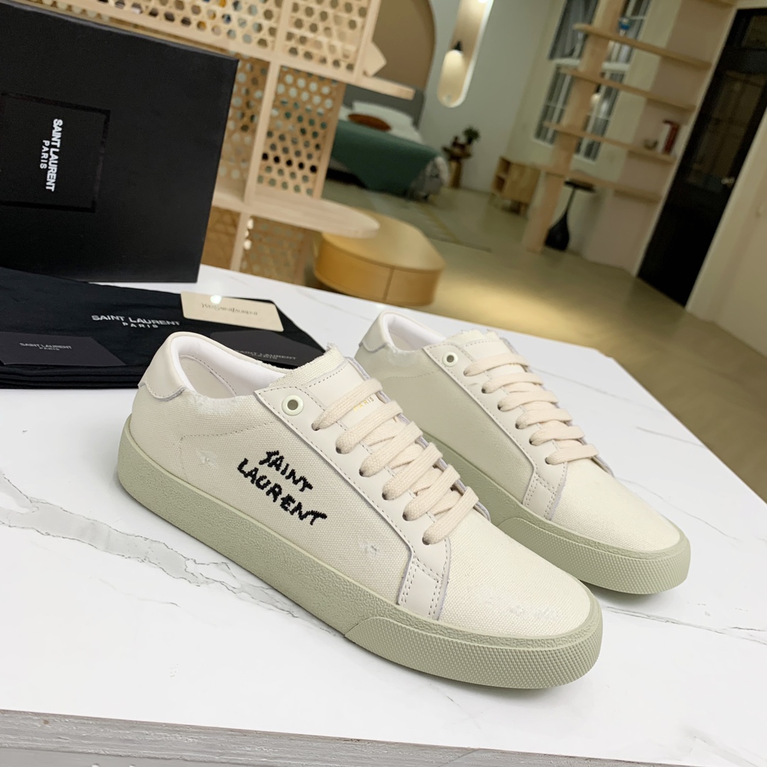 Saint Laurent Court Classic Sl/06 Sneakers Embroidered With Saint Laurent,In White Worn-look Fabric And Leather - PerfectKickZ