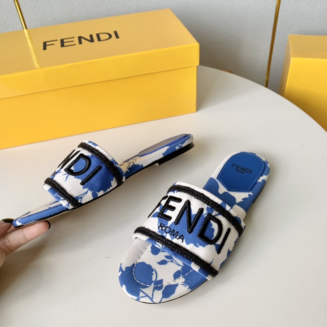 Fendi Signature Blue Canvas Slides - PerfectKickZ