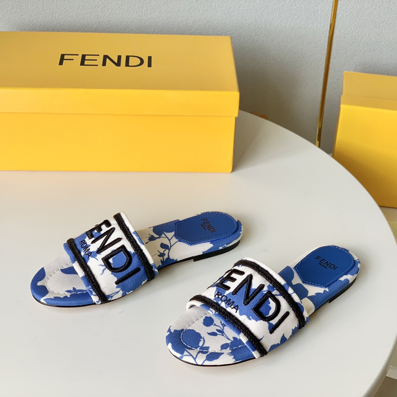 Fendi Signature Blue Canvas Slides - PerfectKickZ