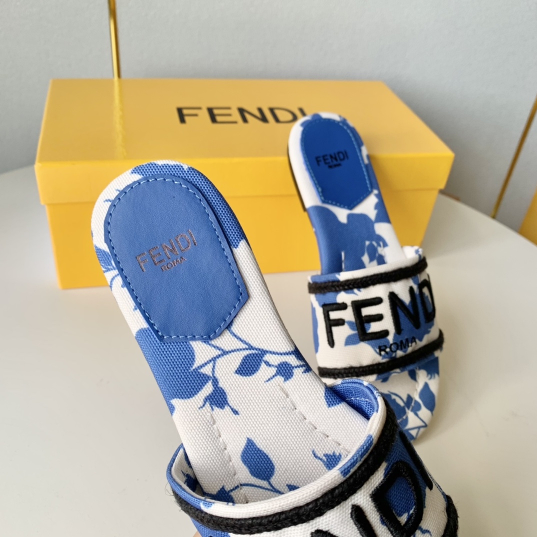 Fendi Signature Blue Canvas Slides - 