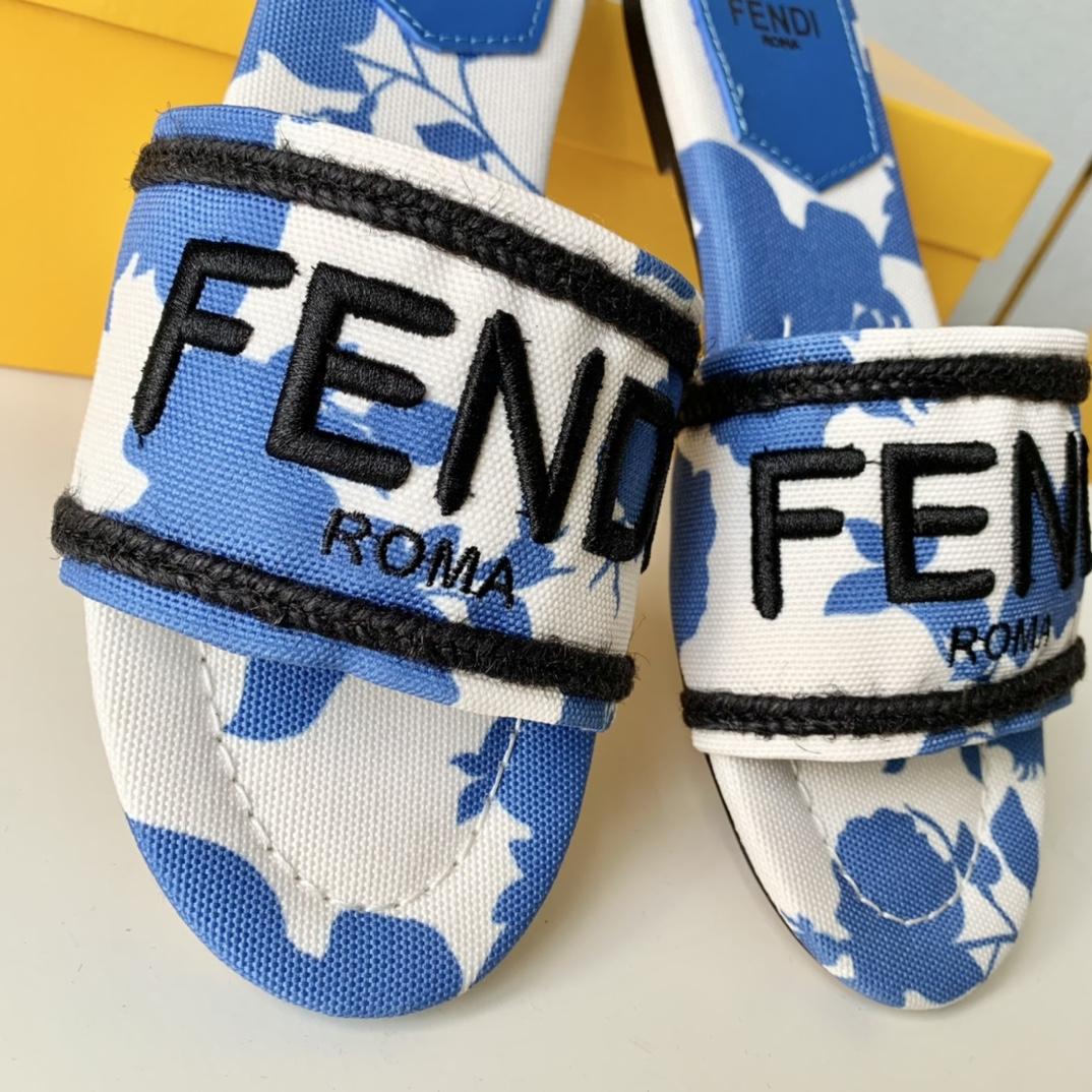 Fendi Signature Blue Canvas Slides - 