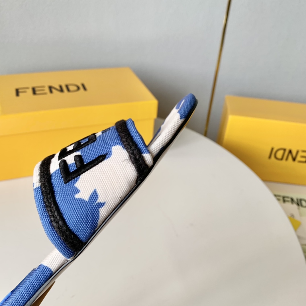Fendi Signature Blue Canvas Slides - 