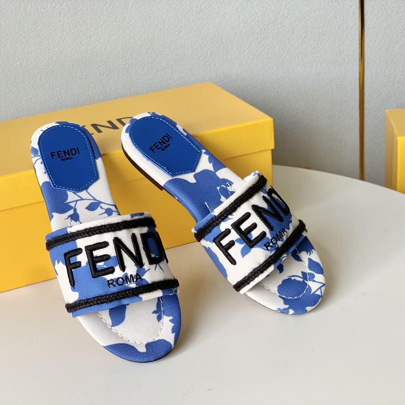 Fendi Signature Blue Canvas Slides - 
