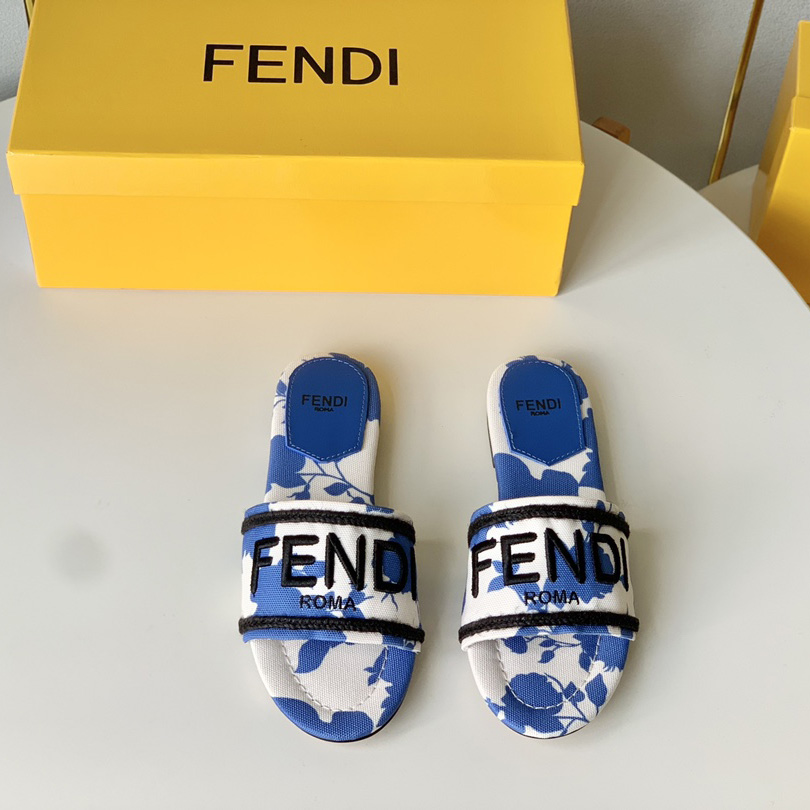 Fendi Signature Blue Canvas Slides - 