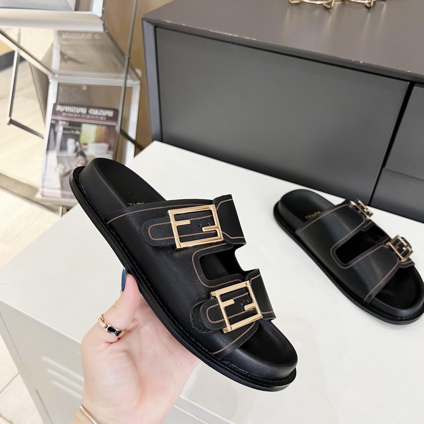 Fendi Feel Black Leather Slides - PerfectKickZ