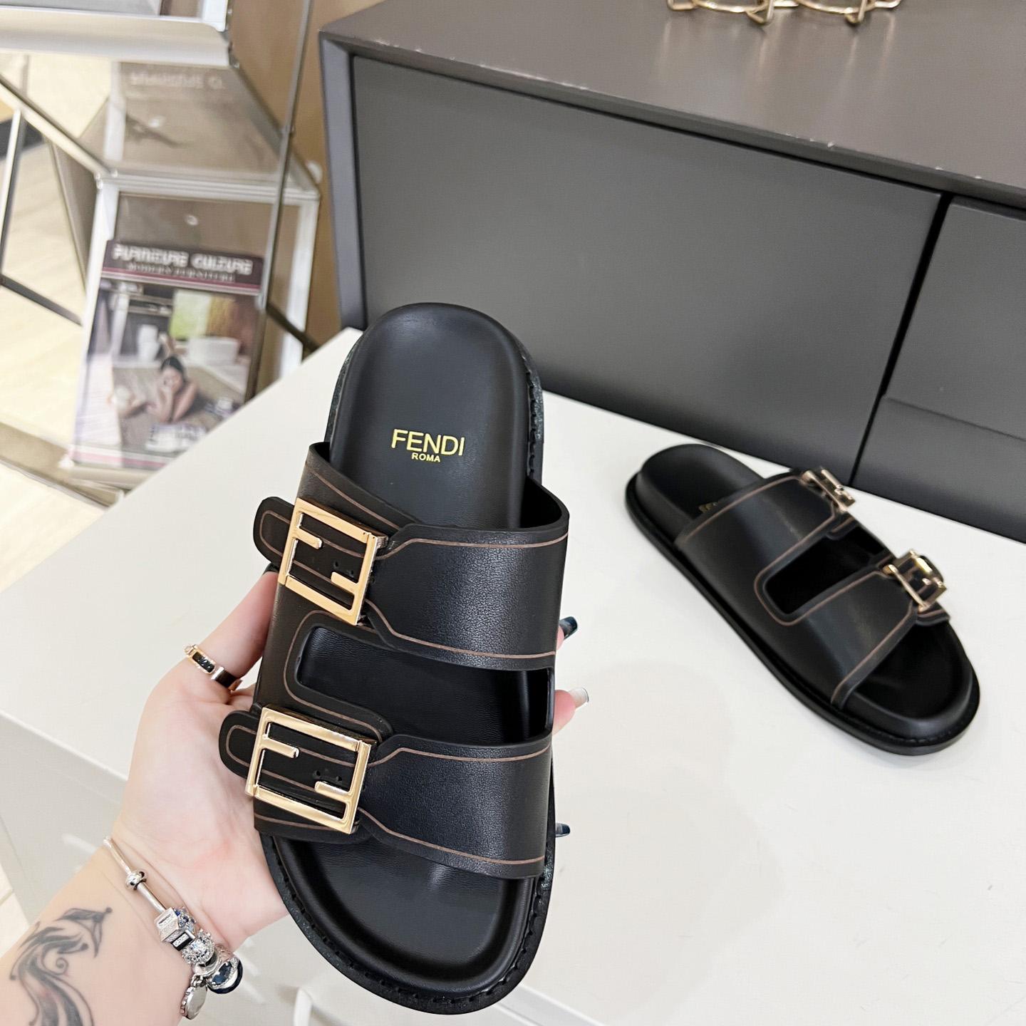 Fendi Feel Black Leather Slides - PerfectKickZ