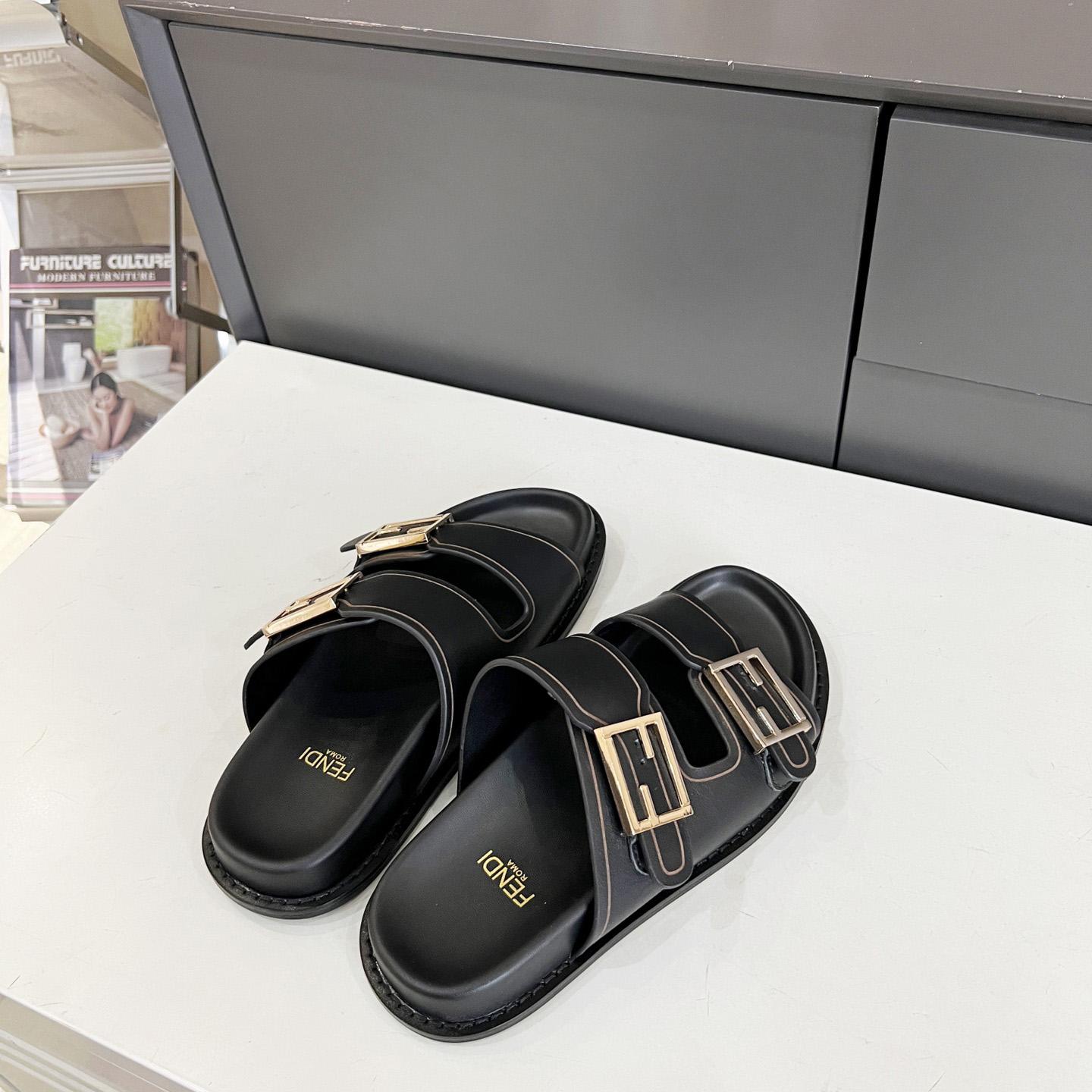 Fendi Feel Black Leather Slides - PerfectKickZ