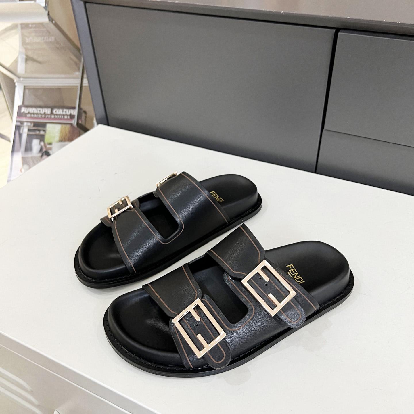 Fendi Feel Black Leather Slides - PerfectKickZ